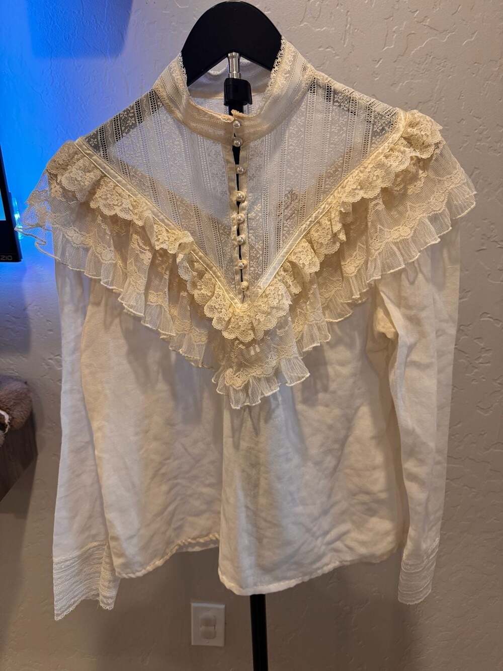 Vintage Jessica's Gunnies Prairie Blouse with Lace Ruffle and Pearl Buttons
